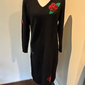 Cathy Hardwick Women's Sweater Dress Size Large Lambswool Sequined Floral